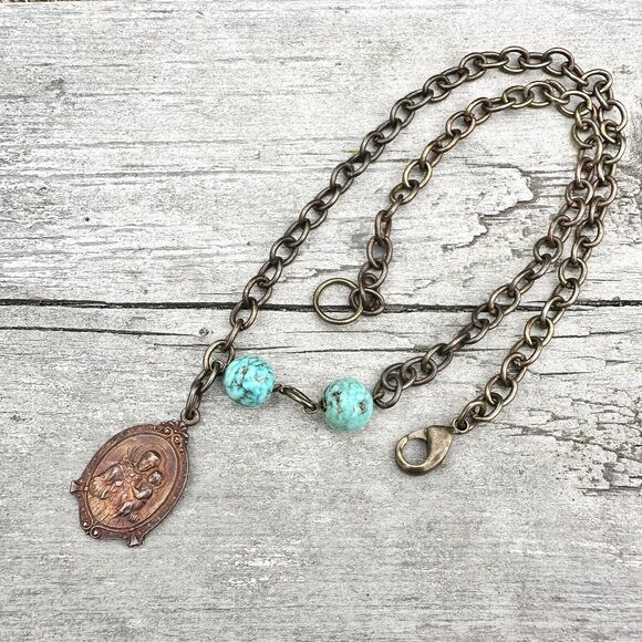 Brass St. Anthony Medal Gothic Necklace Turquoise Glass Bead Link Chain Chunky - Picture 1 of 9